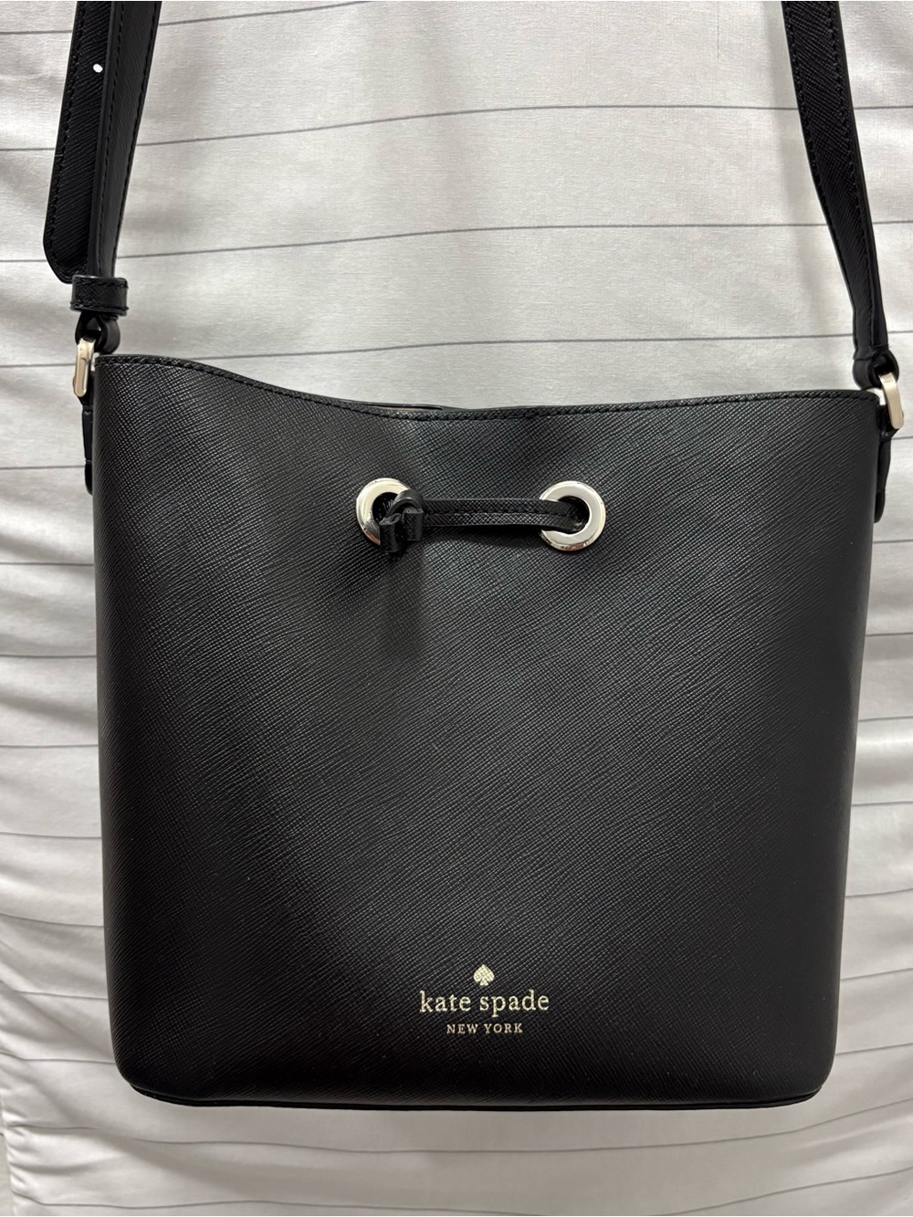 kate spade black Saffiano Crossbody Bucket Bag with Gold Accent